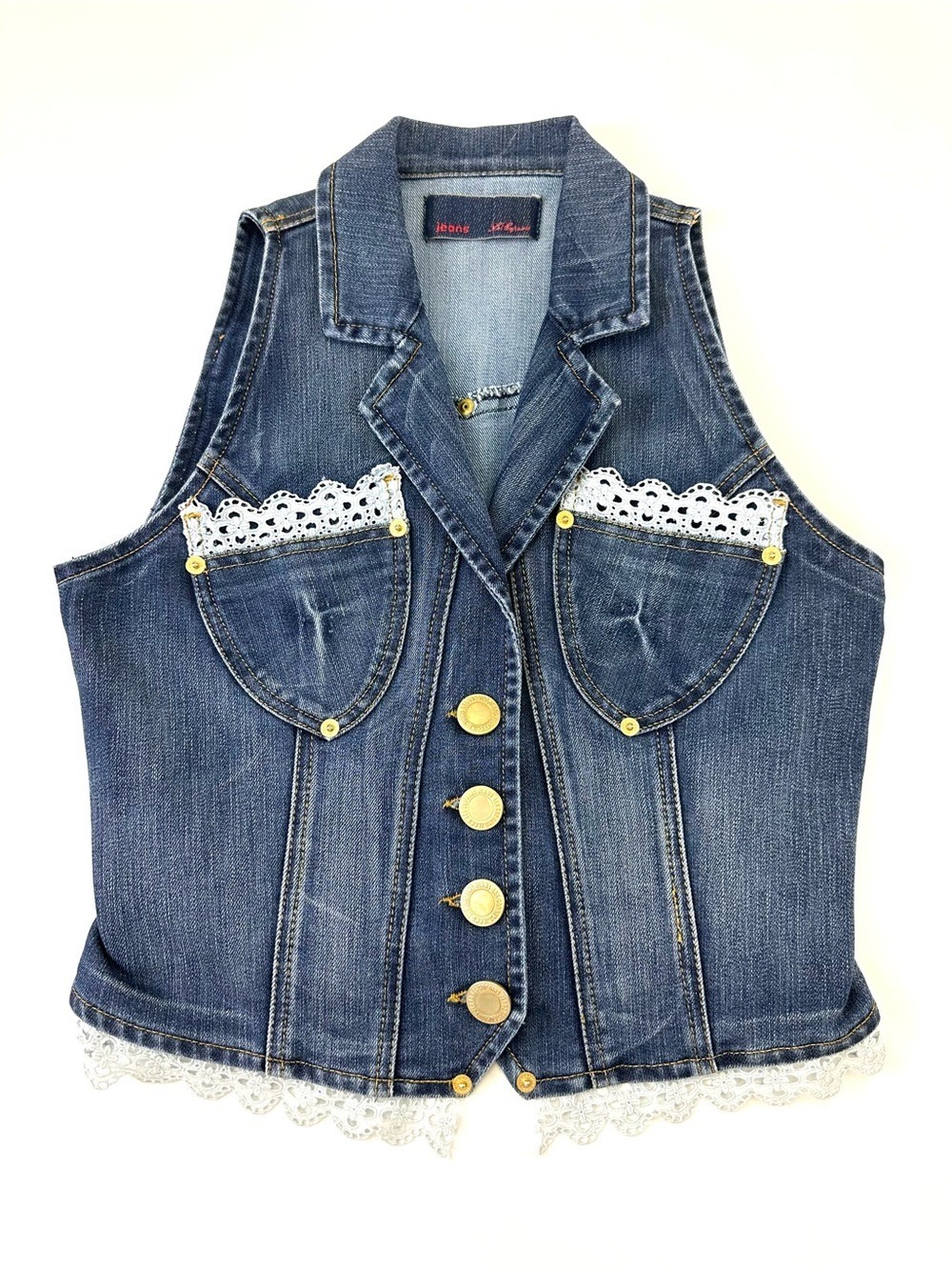Les Copains Denim Lace Vest Italian Designer Button Front Top Medium